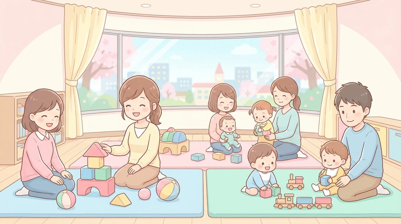 子育て支援センターの室内で複数の親子がカラフルなおもちゃで遊び交流する明るく和やかな様子