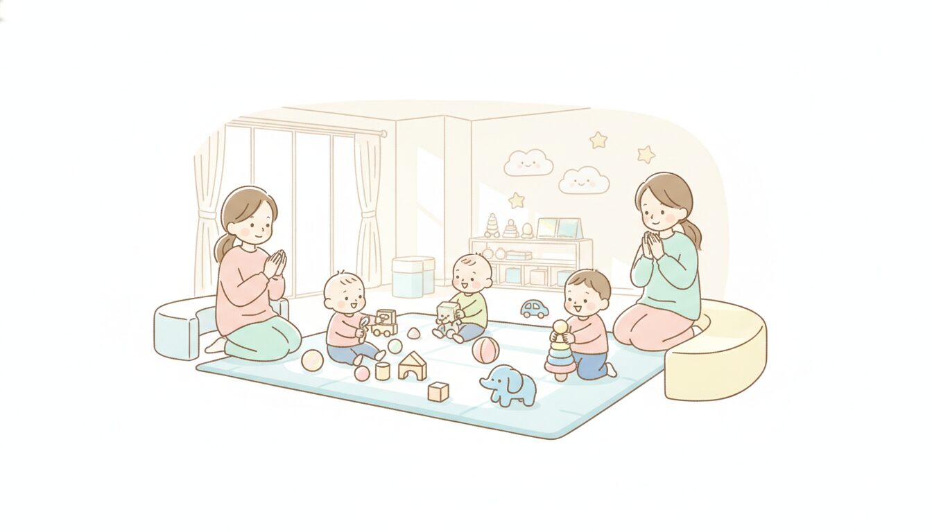 室内の子育て支援センターでおもちゃで遊ぶ乳幼児と見守る母親たち、明るく和やかな空間