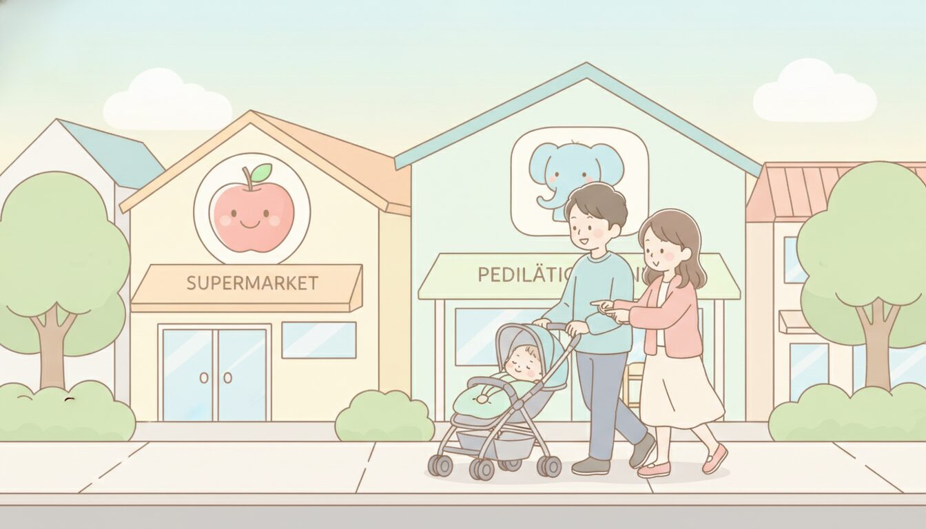 スーパーや小児科が並ぶ住宅街をベビーカーで散歩する若い夫婦、穏やかな日常の風景