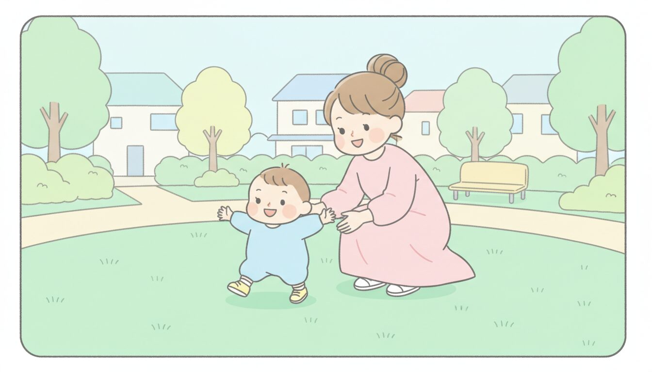 広島市内の整備された住宅街の公園で、芝生の上を歩く1歳くらいの子どもとそれを見守る母親
