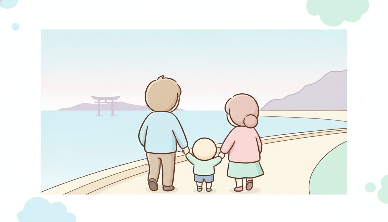 宮島を望む海沿いの遊歩道で、子どもと手をつないで散歩する家族のうしろ姿