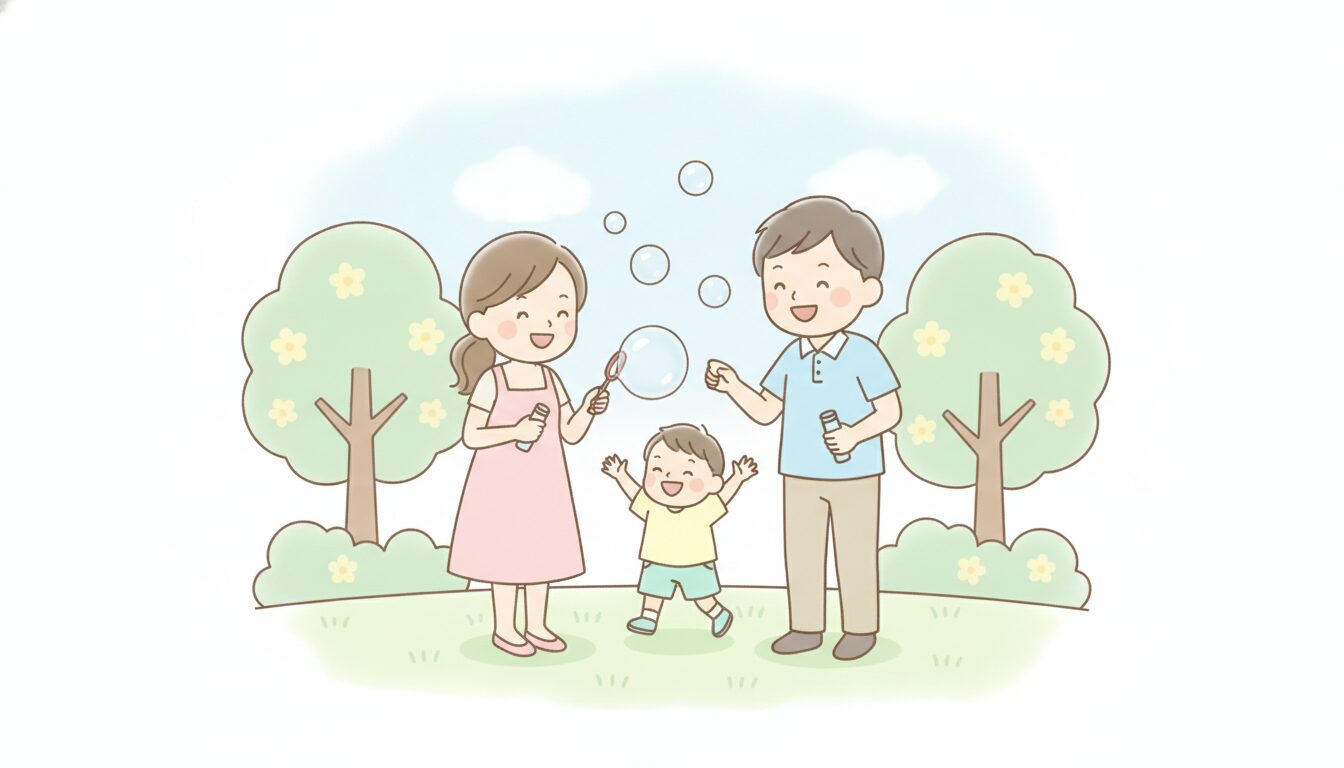 岡山県の公園で笑顔の親子3人がシャボン玉で遊んでいる明るい昼下がりの様子