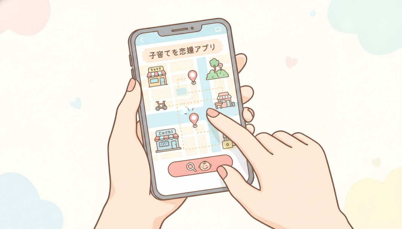 スマートフォンで子育て応援アプリの店舗検索画面を見ている母親の手元のクローズアップ