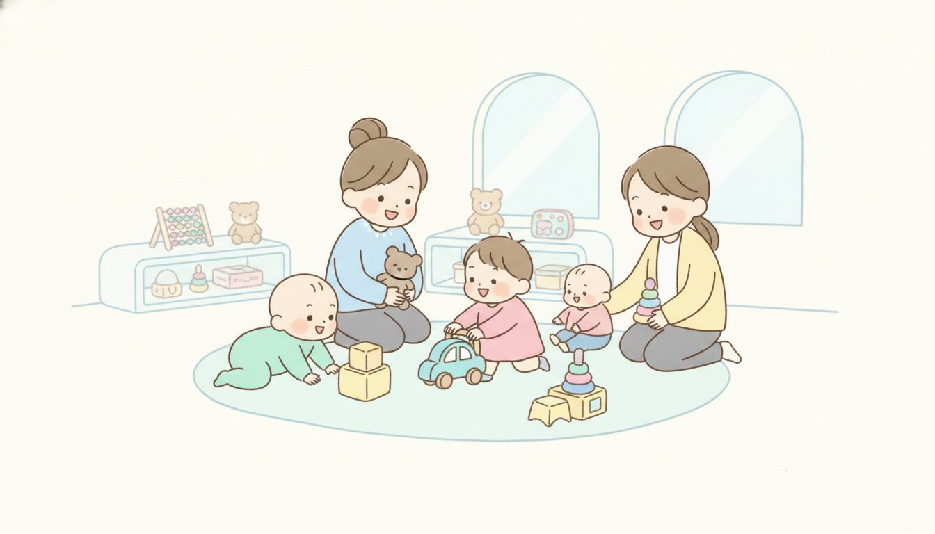 子育て支援センターの室内でおもちゃで遊ぶ乳幼児と見守る保護者たちの和やかな風景