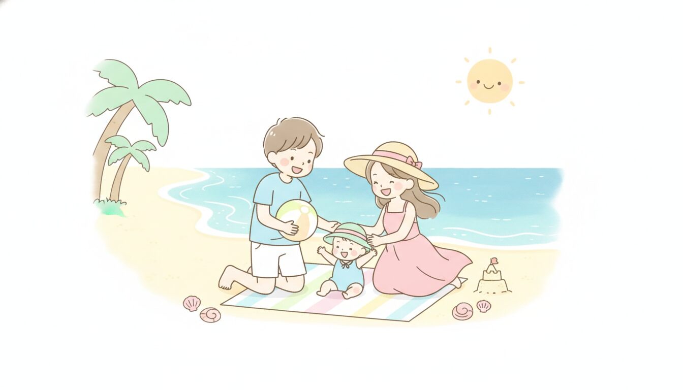 沖縄の青い海をバックに、ビーチで楽しそうに遊ぶ赤ちゃんと笑顔の若い夫婦