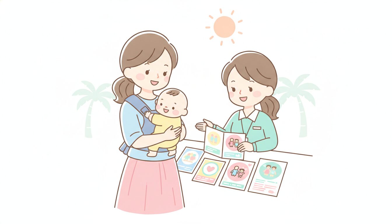 自治体の窓口で子育て支援制度のパンフレットを見ながら相談する赤ちゃん連れの母親