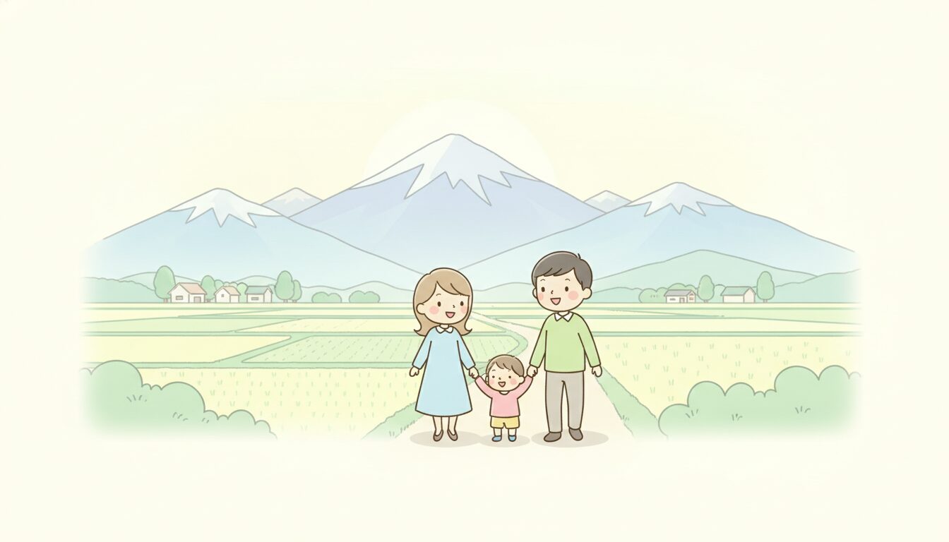北アルプスを背景に広がる長野の田園風景の中で、親子3人が手をつないで散歩している爽やかな朝の風景
