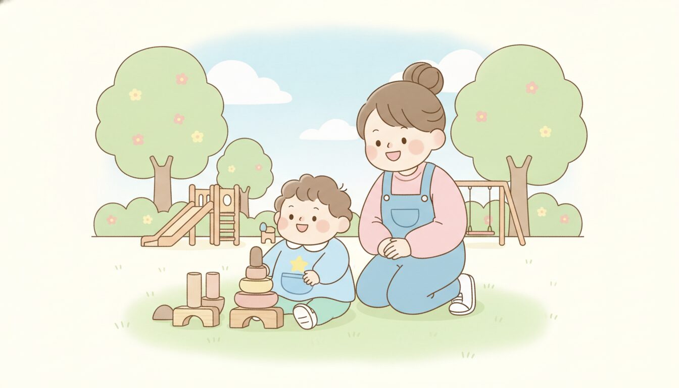 自然豊かな保育園の園庭で、木製のおもちゃで遊ぶ1歳くらいの子どもと見守る保育士の温かい場面