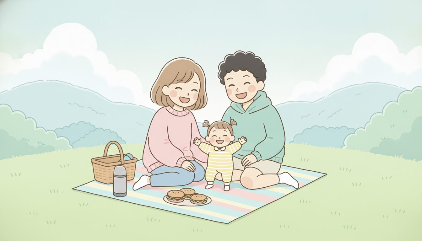 信州の高原で、レジャーシートを広げて家族でピクニックを楽しむ若い夫婦と小さな子どもの笑顔