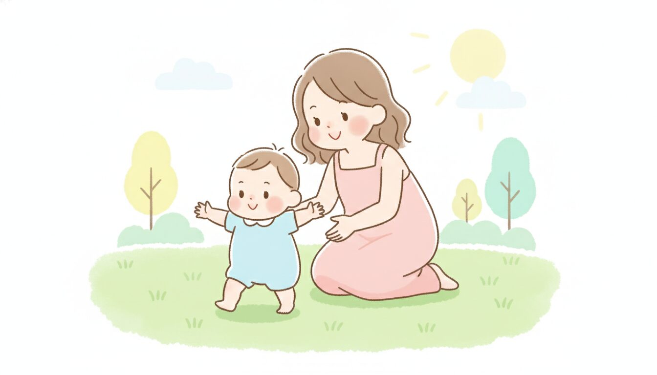 新潟の公園で芝生の上を歩く1歳くらいの赤ちゃんと笑顔で見守る母親、晴れた日の柔らかな日差し
