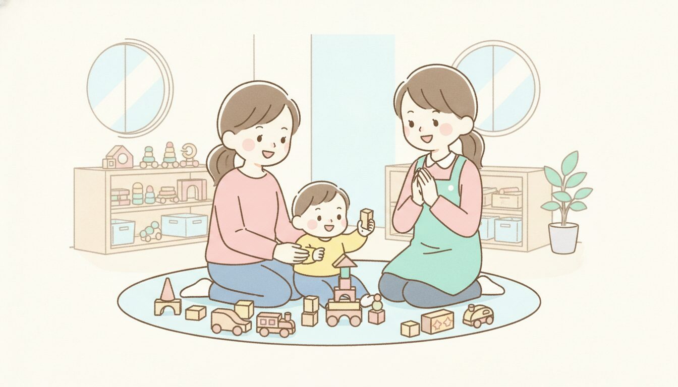 子育て支援センターのプレイルームで木のおもちゃで遊ぶ親子と、見守るスタッフの和やかな様子