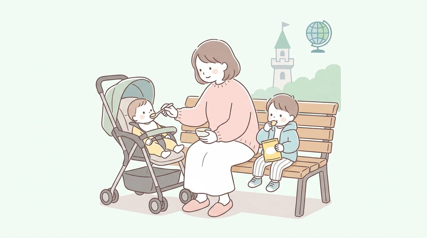 ベンチで離乳食を食べさせる母親と、おやつを手にした2歳の子どもの和やかな様子