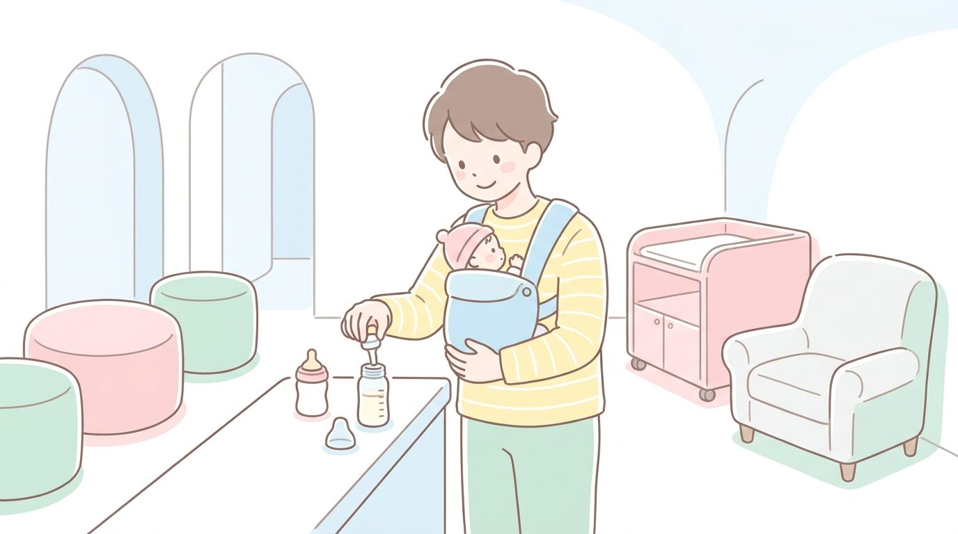 清潔感のあるファミリーサービス施設で赤ちゃんを抱っこしながらミルクを準備する父親
