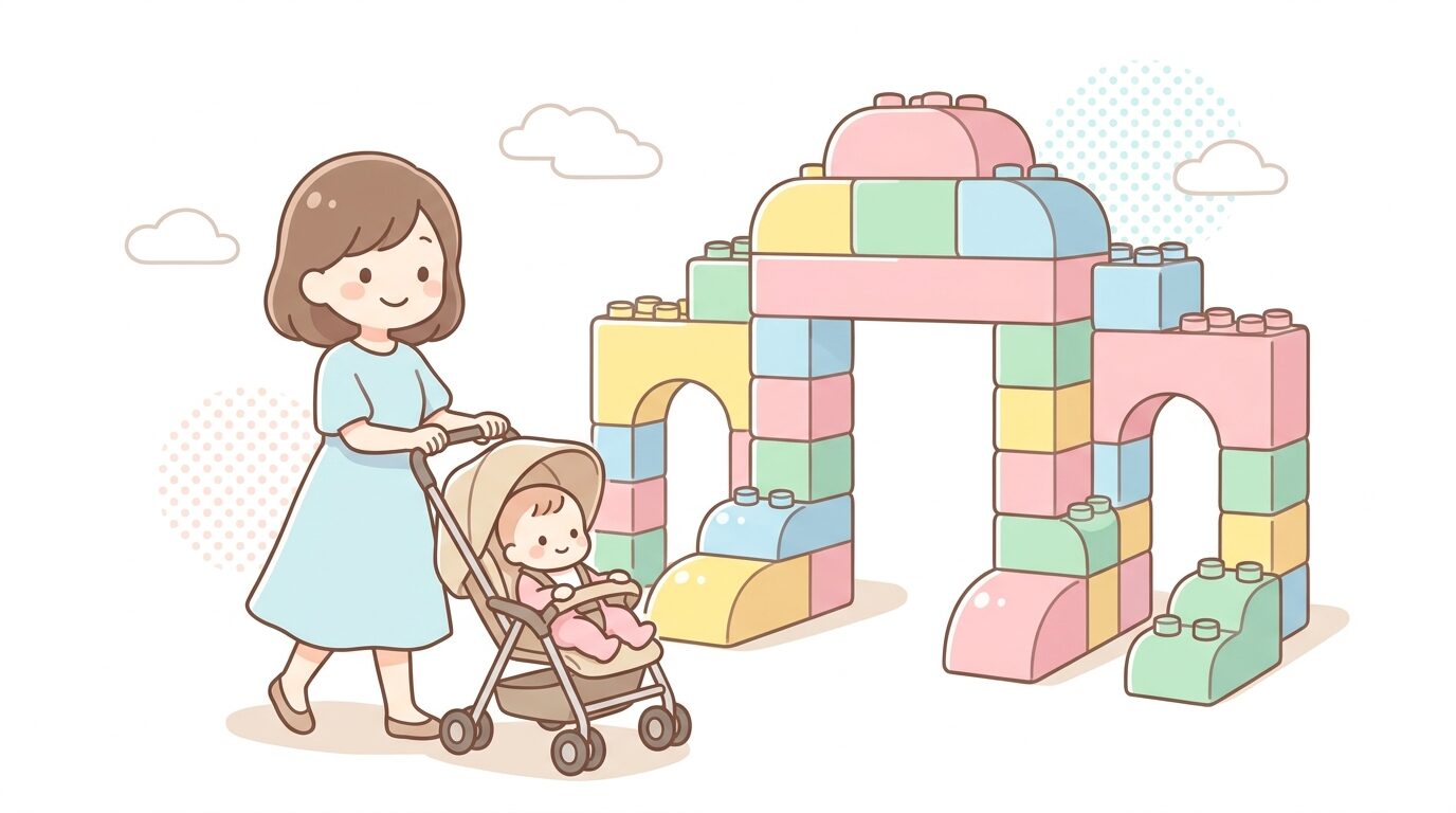 カラフルなレゴブロックで彩られたテーマパークの入口でベビーカーを押しながら笑顔で歩く20代後半の母親と赤ちゃん