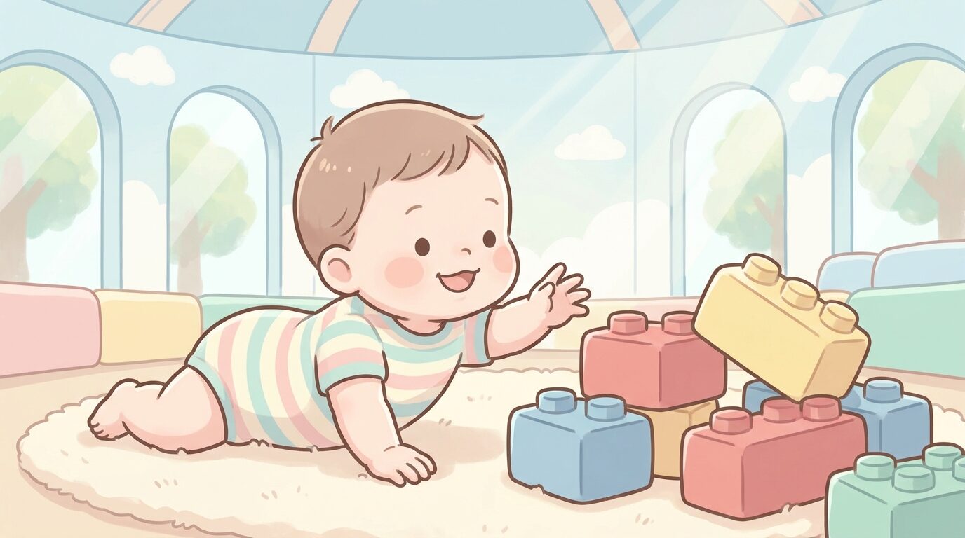 屋根付きの明るい遊び場で大きなレゴデュプロのブロックに夢中で手を伸ばす1歳くらいの赤ちゃん