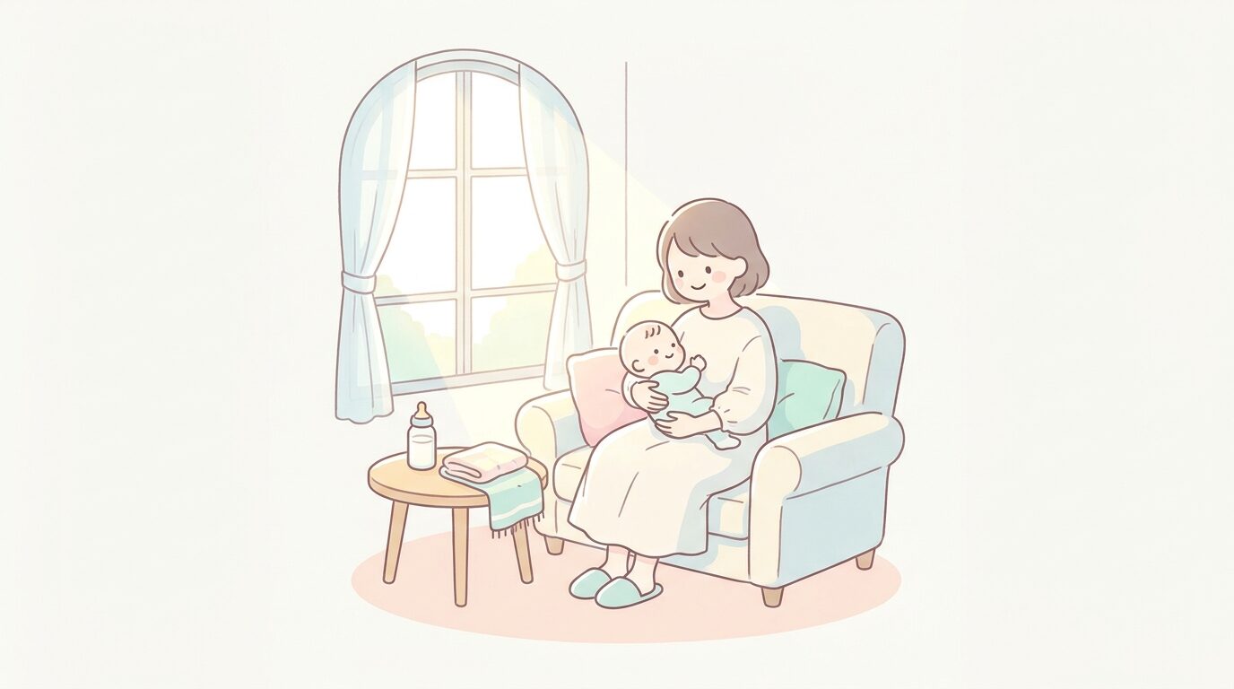 清潔で明るい授乳室の個室でゆったりとしたソファに座り赤ちゃんを抱く母親の落ち着いた様子