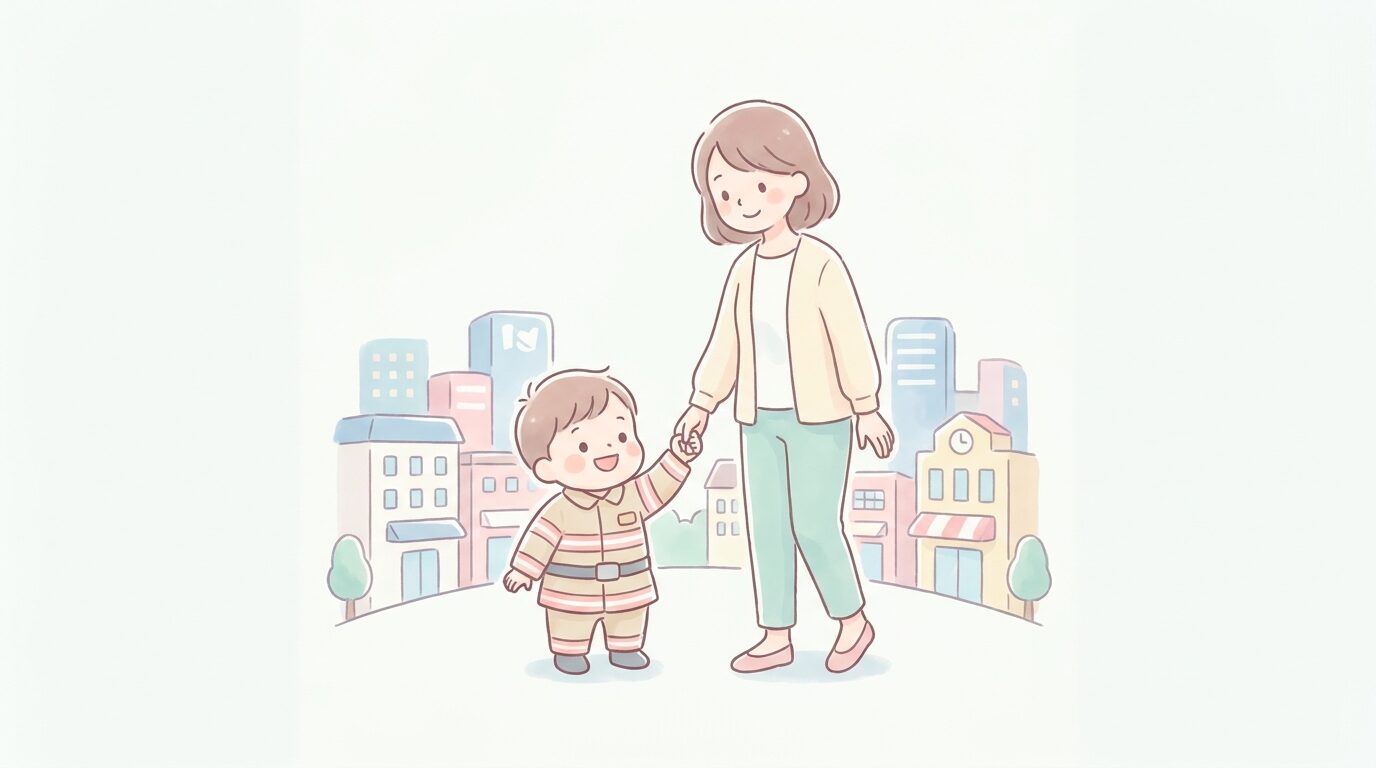 キッザニアの街並みを背景に、ユニフォームを着て笑顔で立つ幼児と寄り添う母親