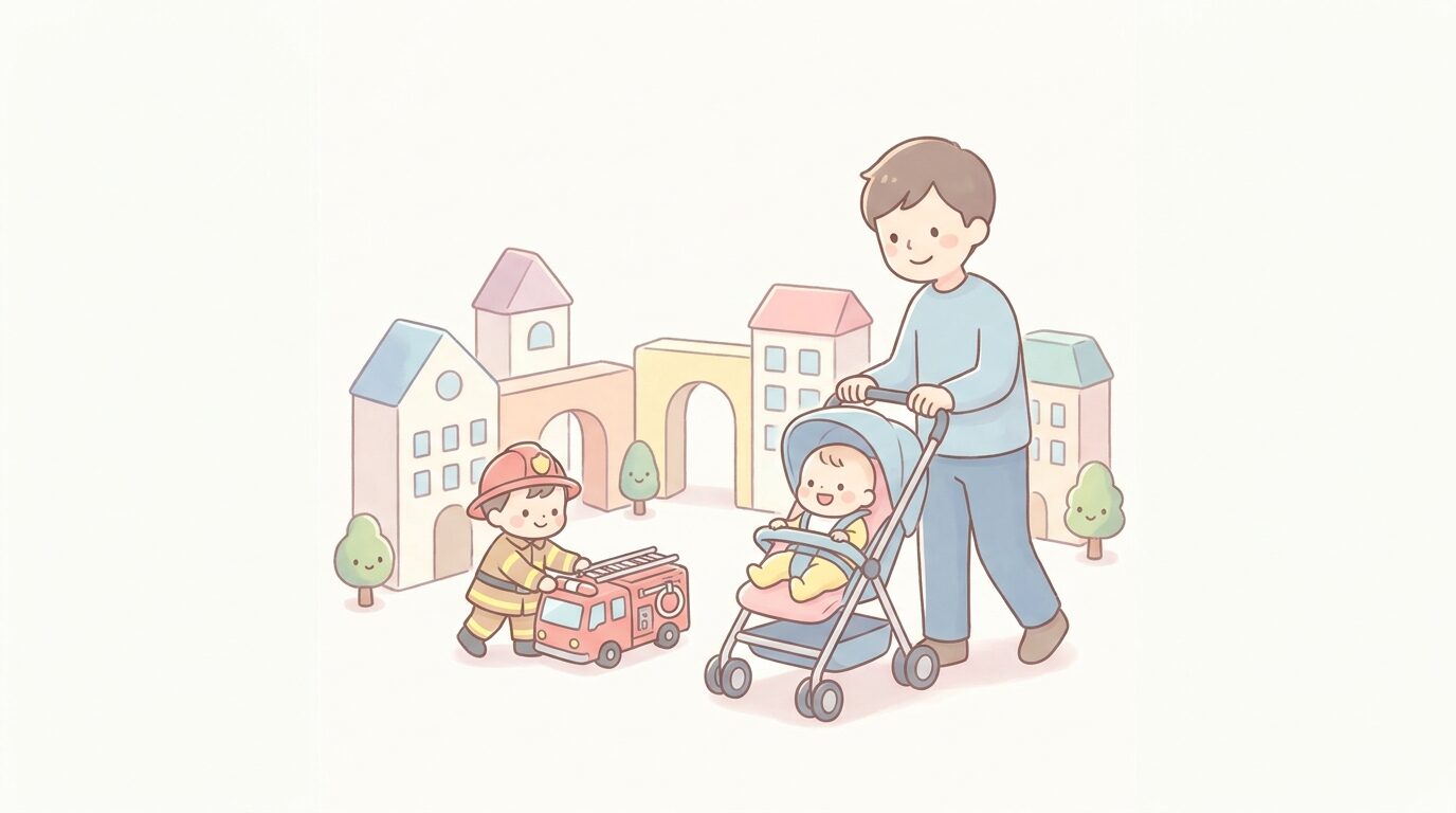 屋内のキッザニアの街でベビーカーを押しながら上の子を見守る父親と赤ちゃん