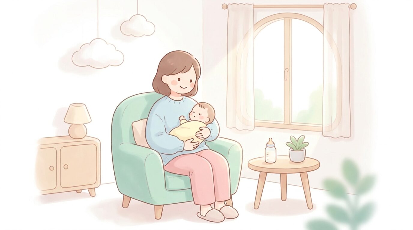 明るく清潔な授乳室で赤ちゃんを抱きながらくつろぐ母親