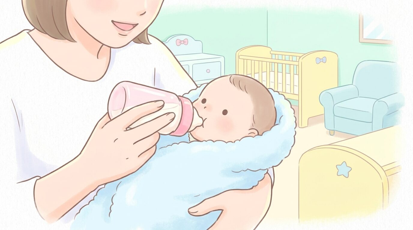 明るく清潔な授乳室でミルクを飲ませながらほほえむ親の手元