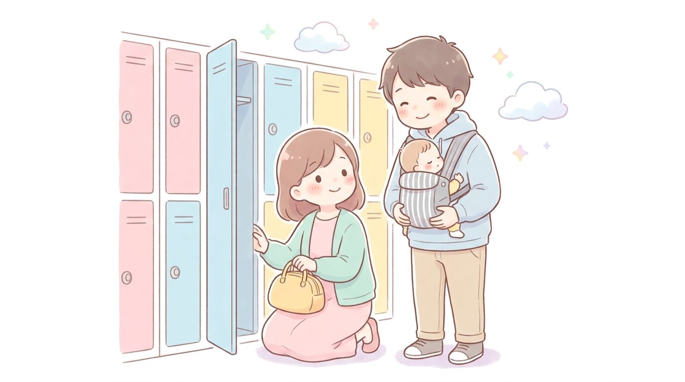 テーマパークのロッカー前で荷物を整理する若い夫婦と抱っこ紐の赤ちゃん