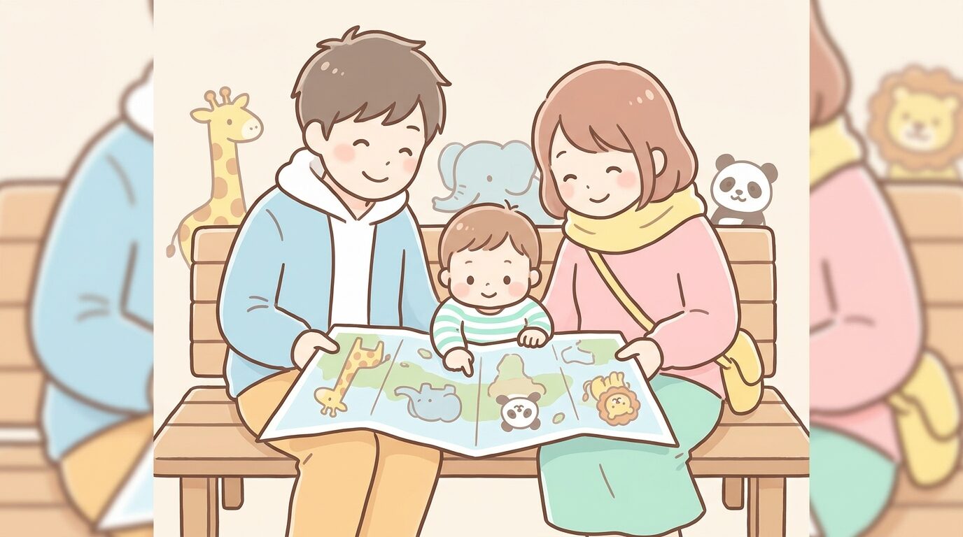 動物園のマップを広げて回るルートを相談する若い夫婦と幼児