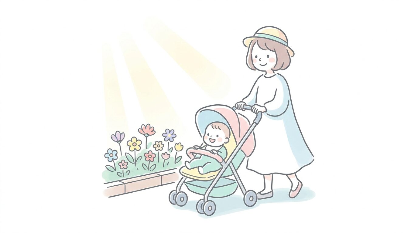 晴れた日の植物園で花壇を眺めながらベビーカーを押す母親と赤ちゃん、明るく穏やかな雰囲気