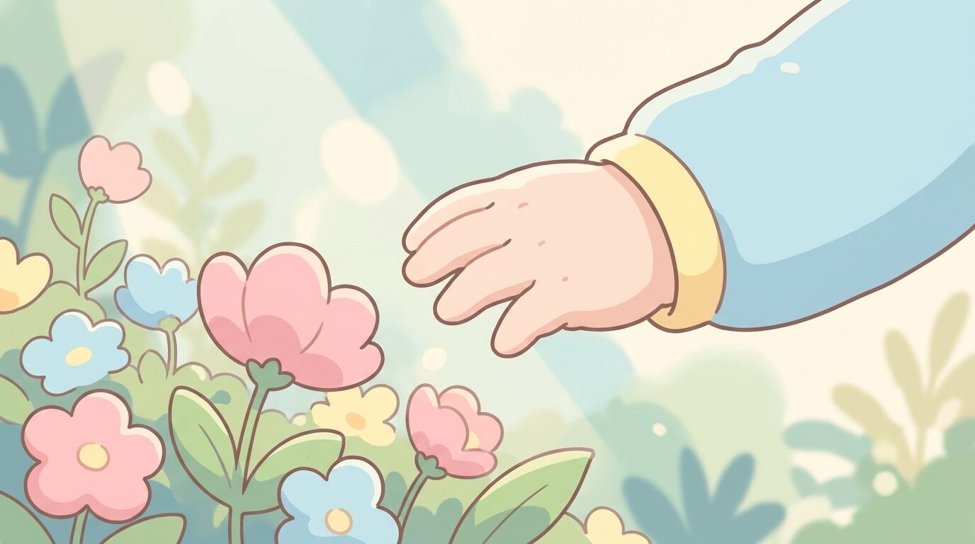 植物園の花にそっと手を伸ばす1歳くらいの子どもの手元のアップ、やわらかい自然光