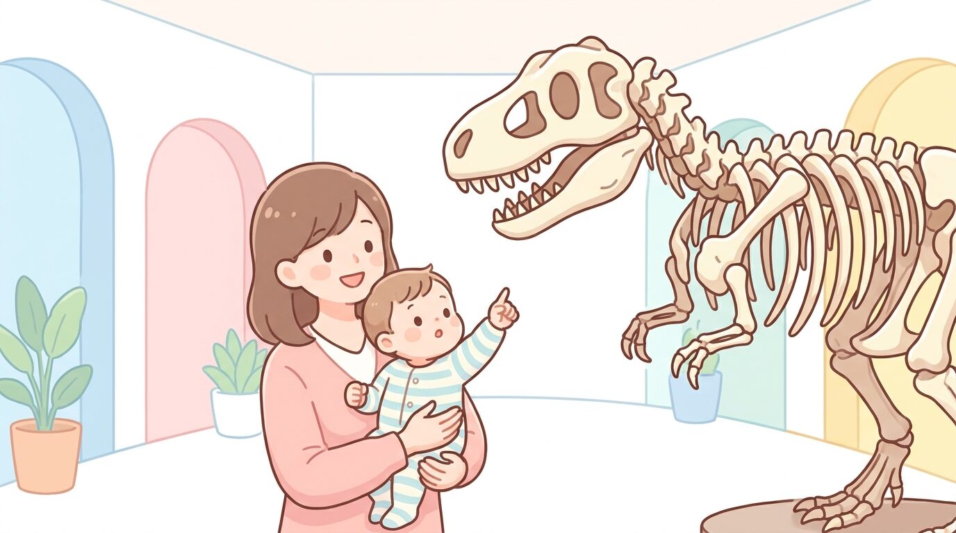 博物館の大きな恐竜の骨格標本を見上げて指をさす1歳ほどの赤ちゃんと、笑顔で抱っこする母親