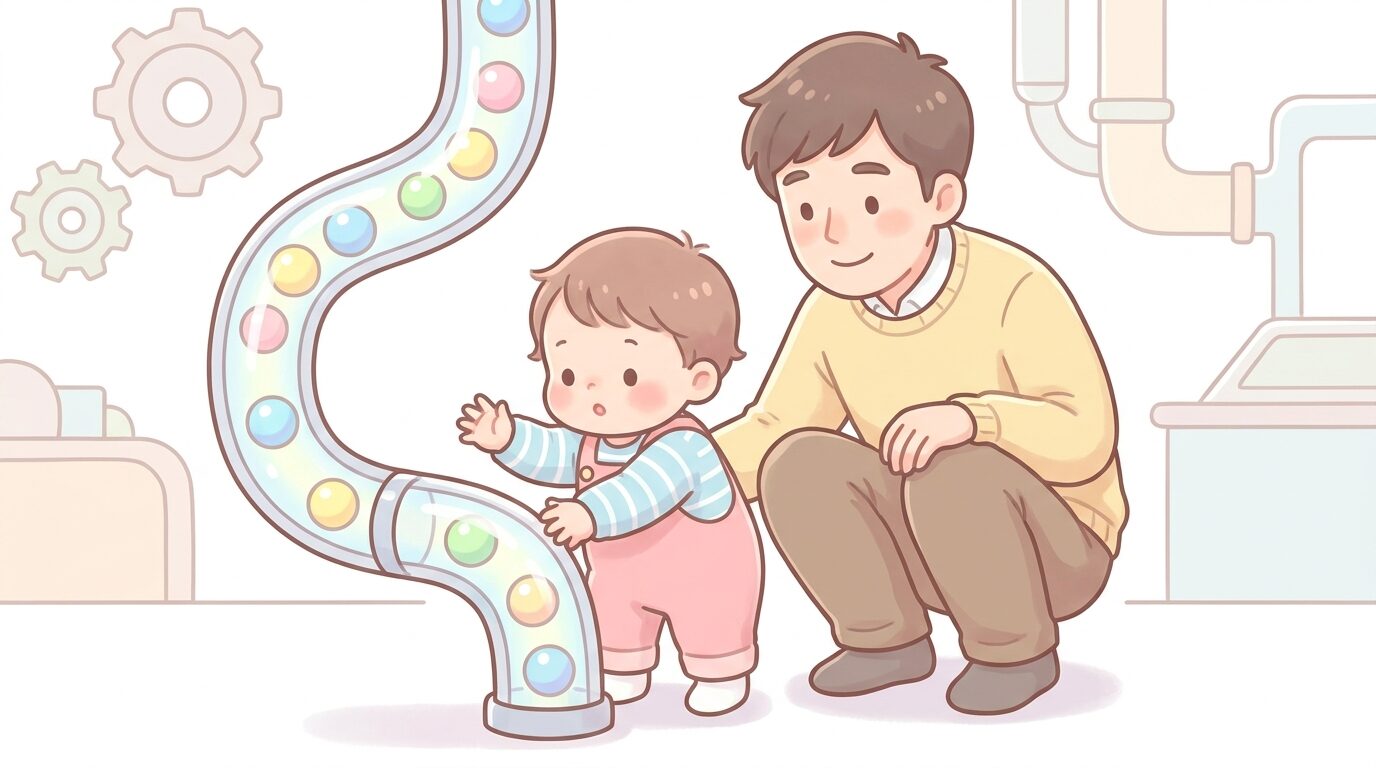 科学館の体験コーナーで透明なパイプを流れるボールに手を伸ばす2歳児と、しゃがんで見守る父親