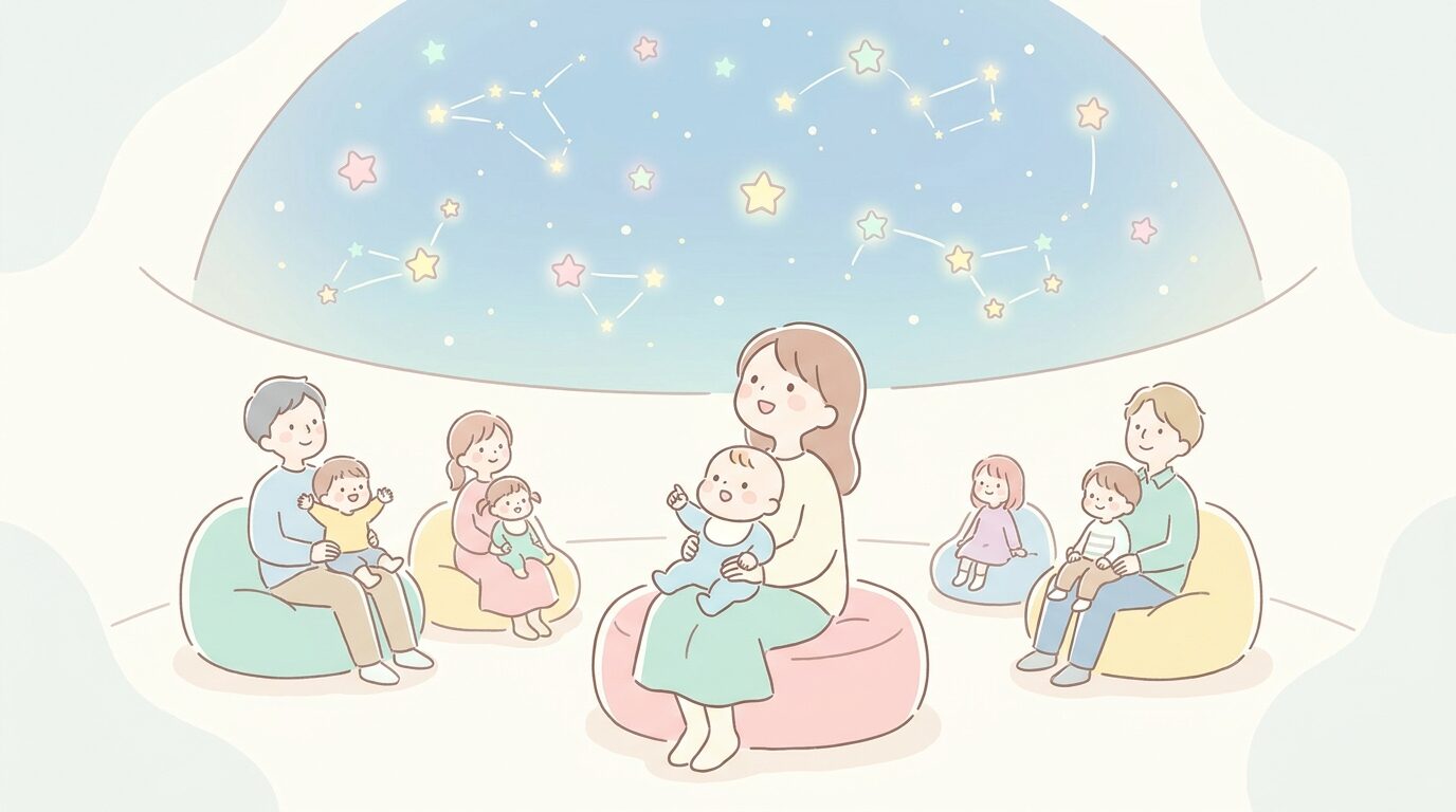 プラネタリウムのドーム内で星空を見上げる赤ちゃんを膝に乗せた母親と、周囲のリラックスした親子の様子