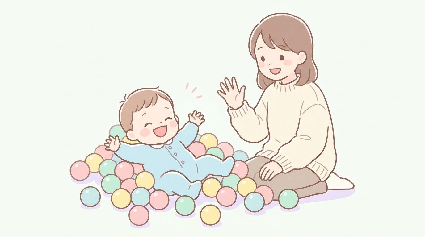 カラフルなボールプールで笑顔ではしゃぐ1歳くらいの赤ちゃんと見守る母親