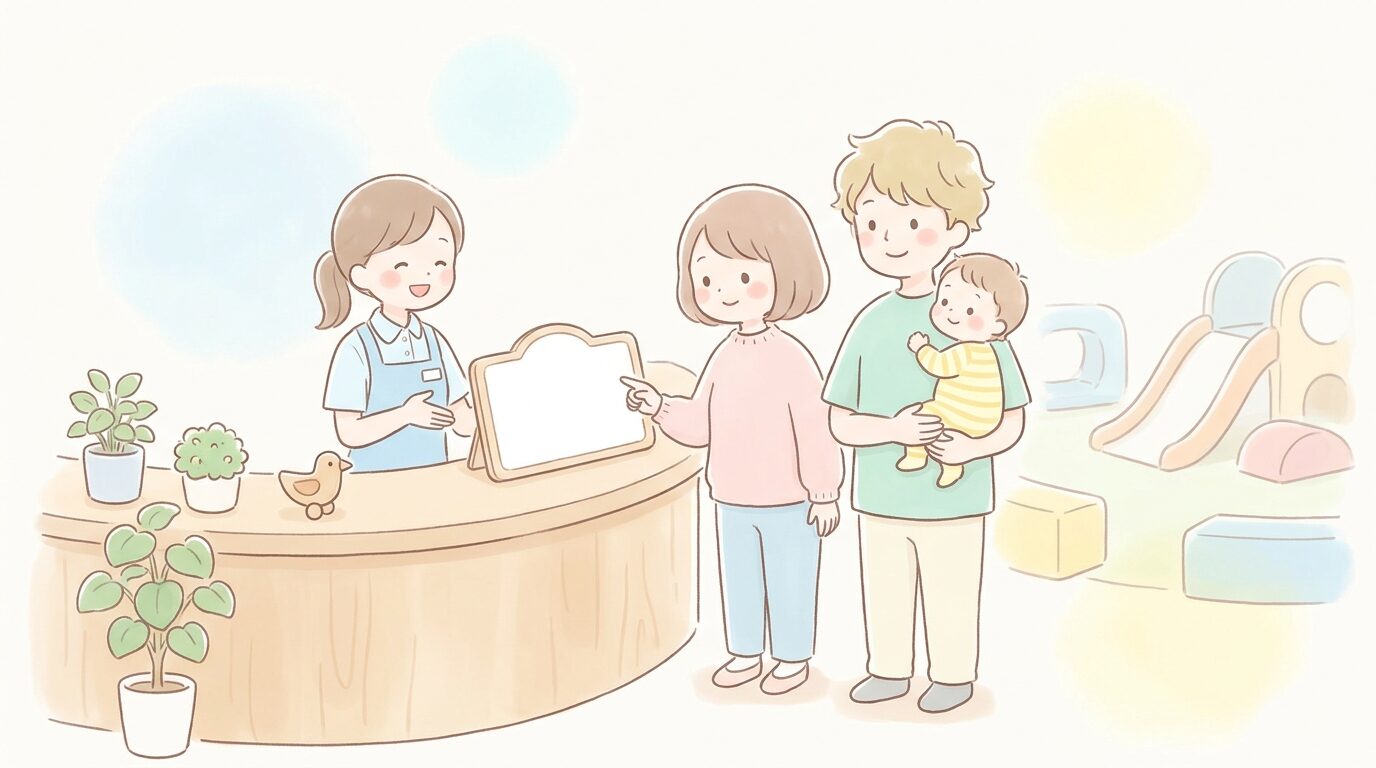 室内遊び場の受付カウンターで料金プランを確認する若い夫婦と子ども