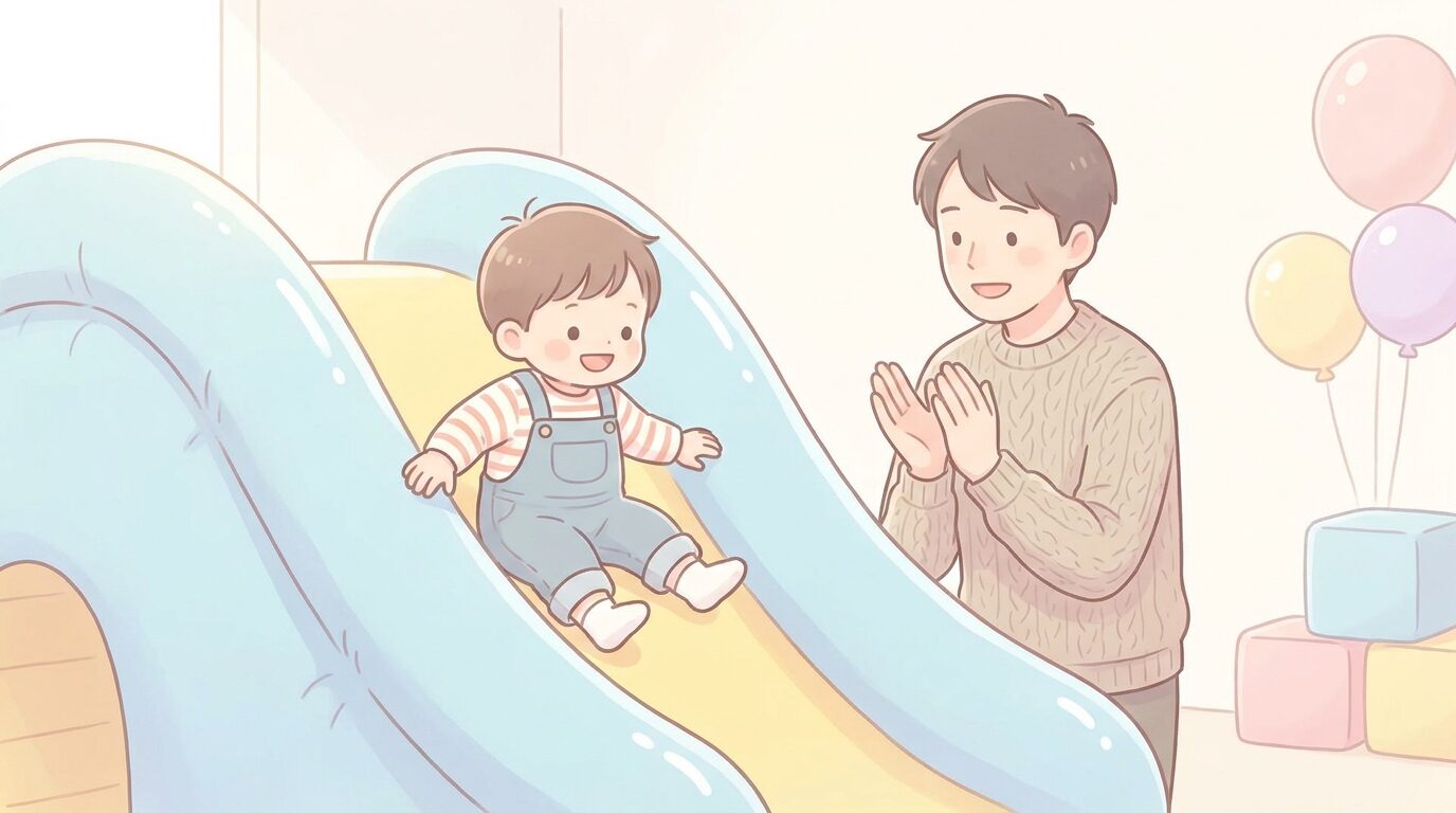 ふわふわのエア遊具の滑り台を滑り降りる2〜3歳の子どもと拍手する父親