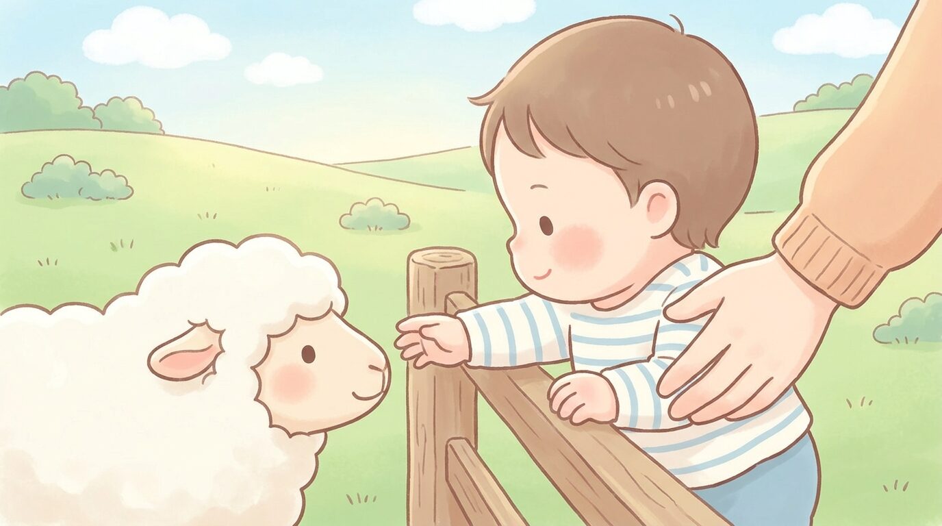 牧場の柵越しに羊にそっと手を伸ばす1歳くらいの幼児と、後ろから支える母親の手元、晴れた緑の芝生