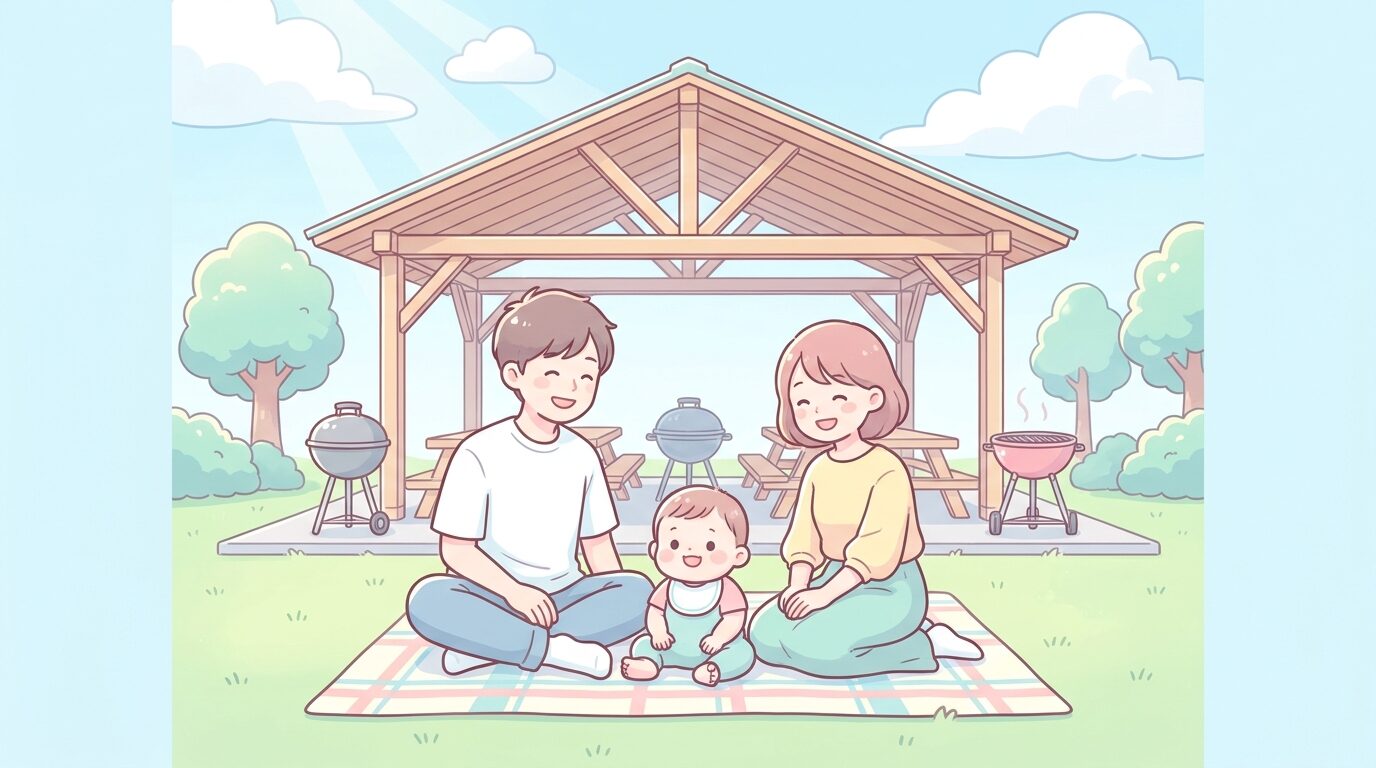 屋根付きのバーベキュー施設で、芝生の上でレジャーシートに座る1歳くらいの赤ちゃんと笑顔の両親