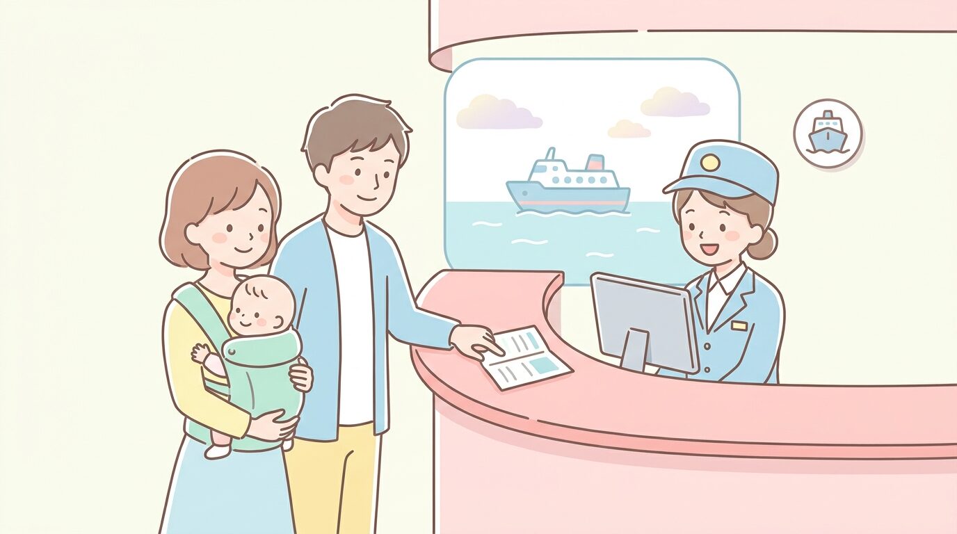 フェリーのチケットカウンターで予約内容を確認する若い夫婦と抱っこされた赤ちゃん
