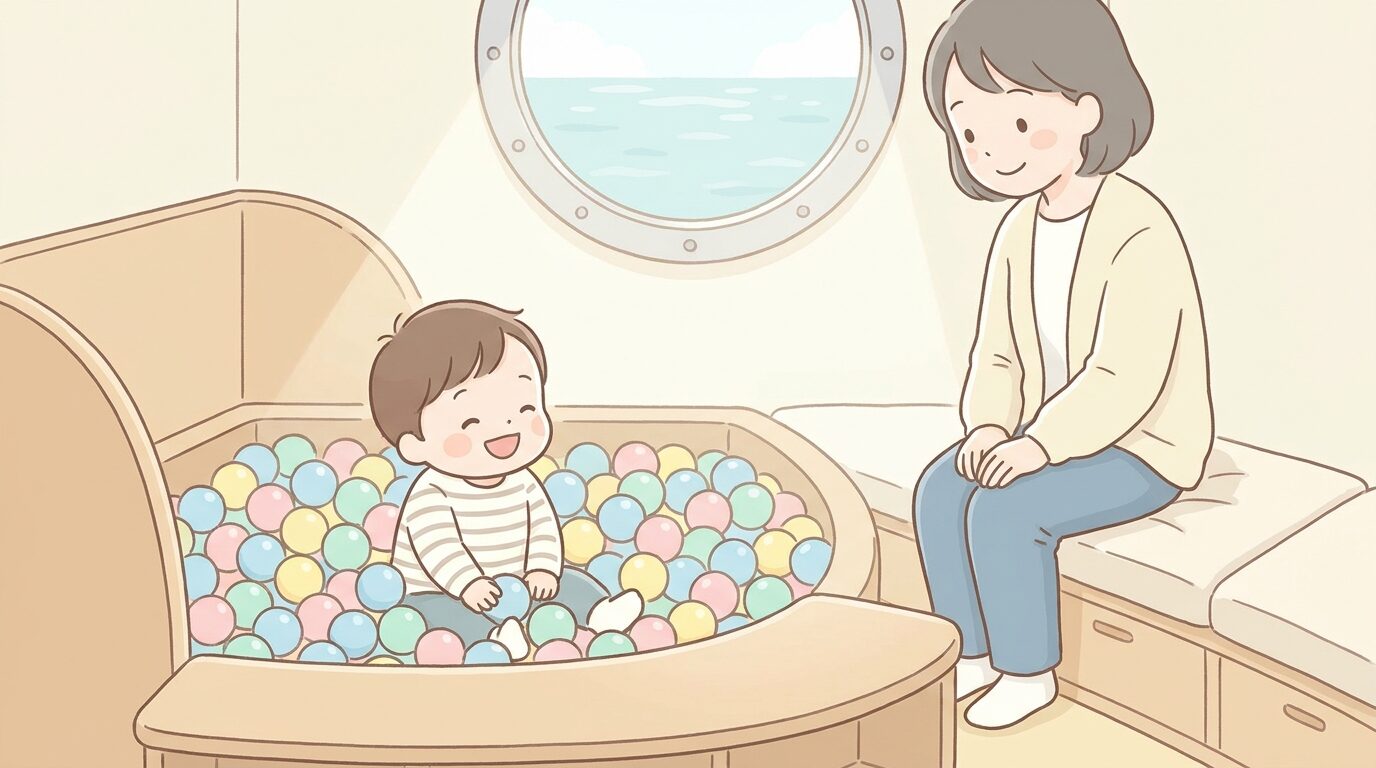 船内のキッズルームでボールプールに座って遊ぶ笑顔の幼児とそばで見守る母親