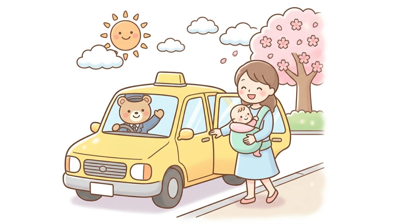 晴れた日の街角で抱っこ紐をつけた母親がタクシーに乗り込もうとしている明るい雰囲気のシーン
