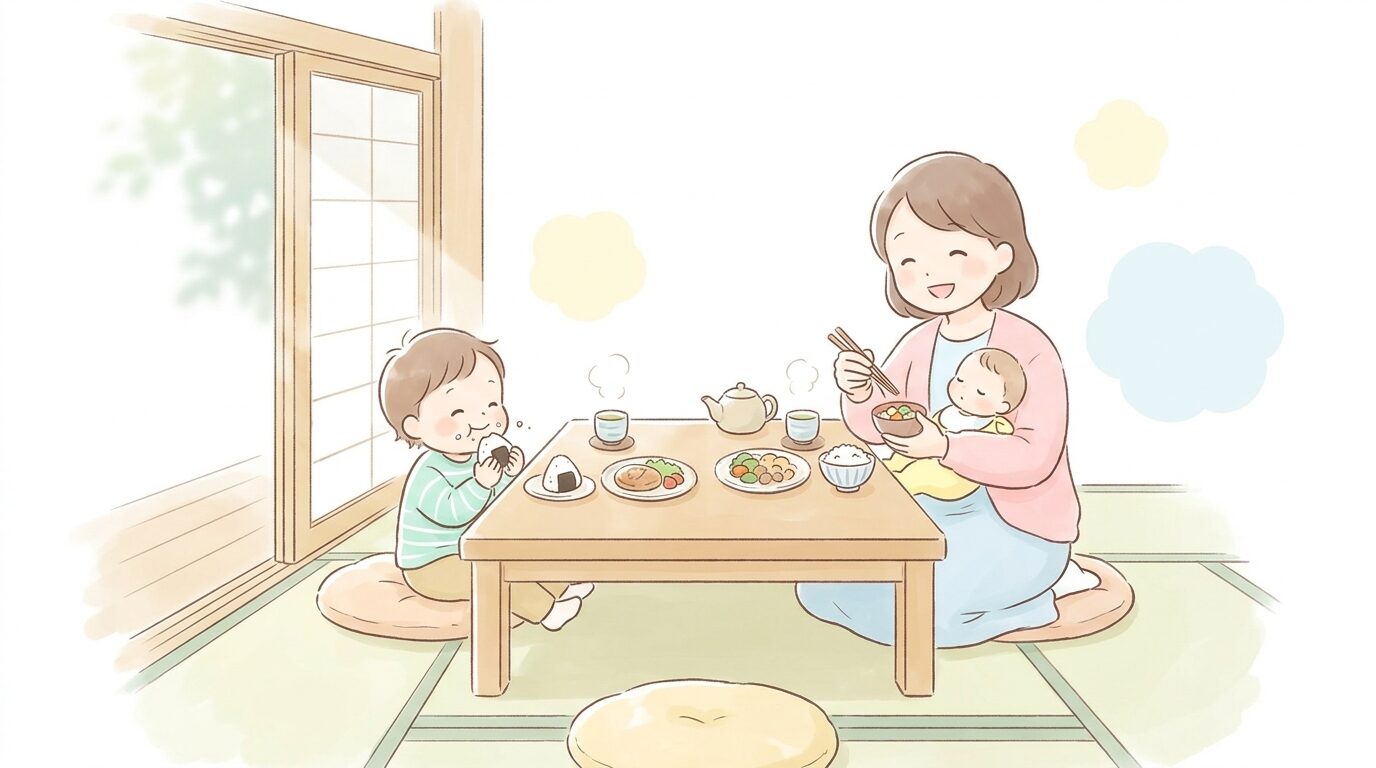 明るい和室の座敷席で赤ちゃんを膝に乗せながら笑顔でランチを楽しむ母親と幼児
