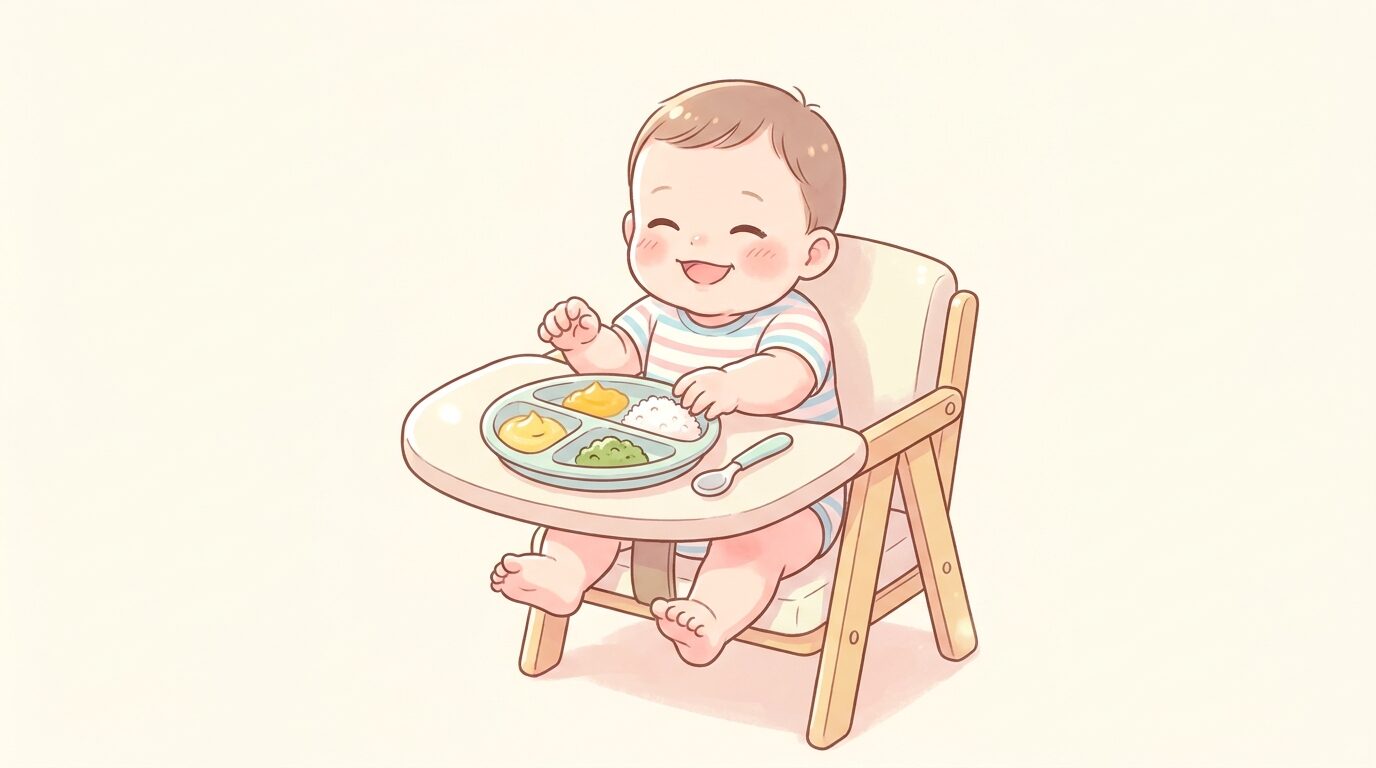 キッズチェアに座った1歳くらいの子どもが離乳食プレートを前に笑っている様子
