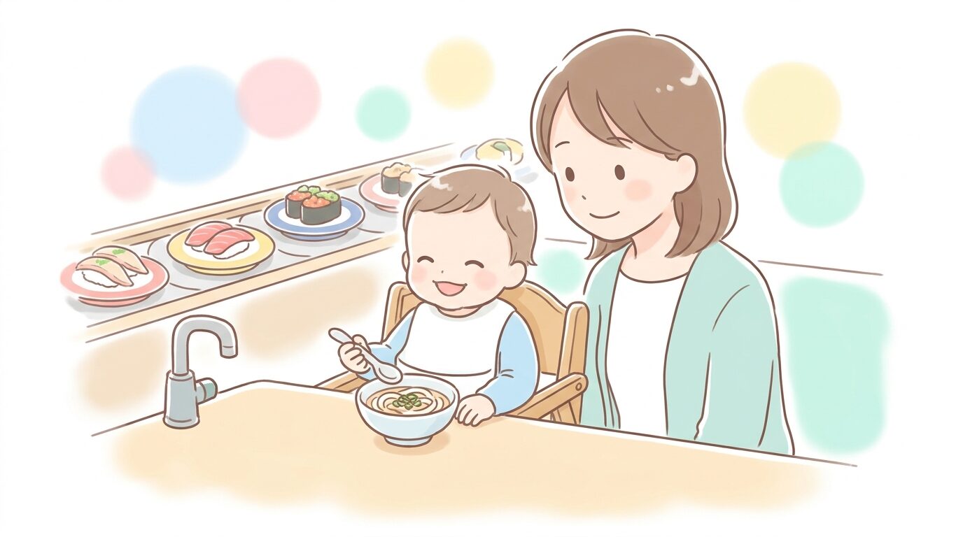 回転寿司店のテーブル席でベビーチェアに座り、うどんを前に笑顔を見せる1歳くらいの赤ちゃんと見守る母親