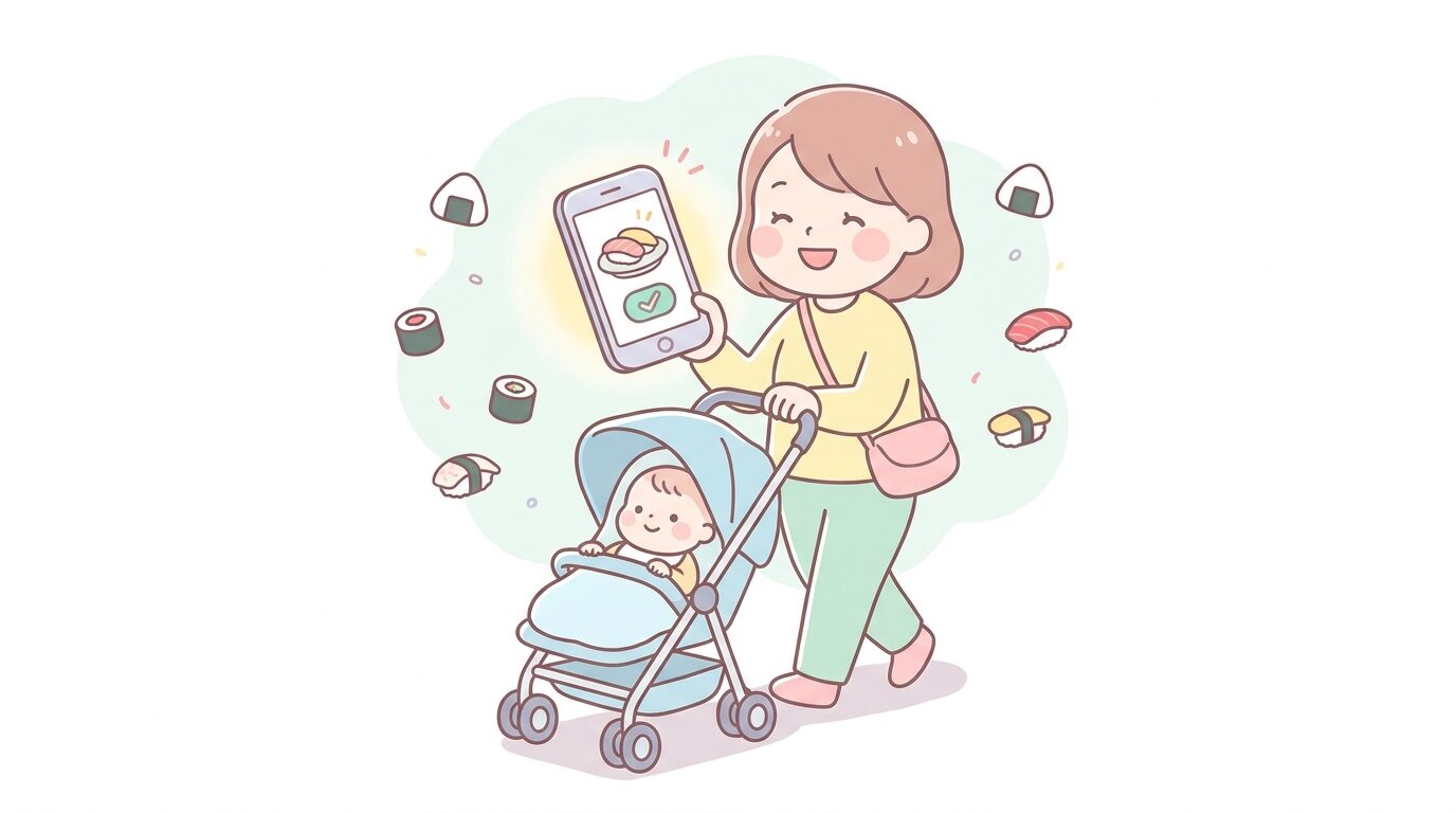 スマートフォンの回転寿司予約アプリ画面を操作しながらベビーカーを押す母親の様子