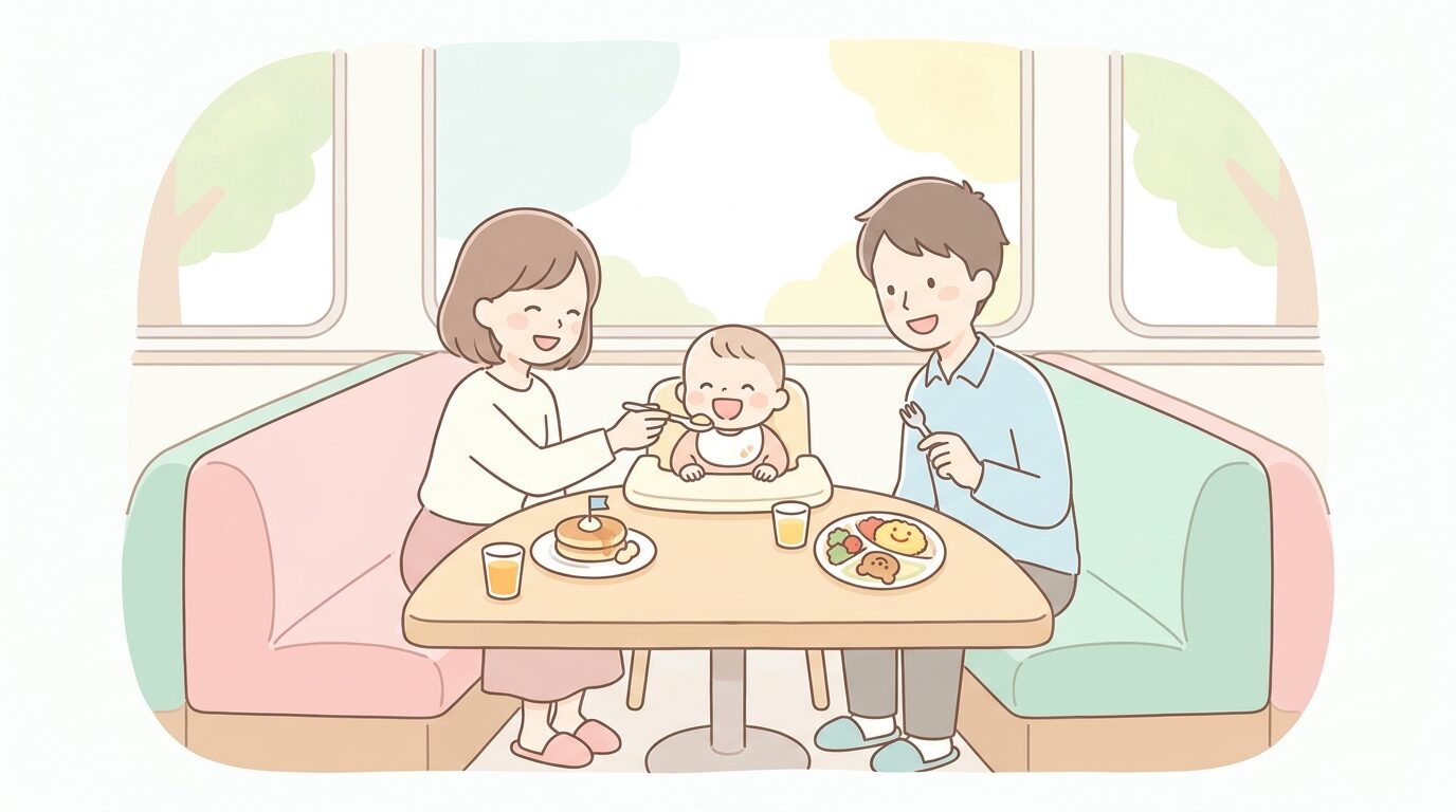 明るいファミレスのソファ席で、ベビーチェアに座る赤ちゃんと笑顔で食事を楽しむ親子