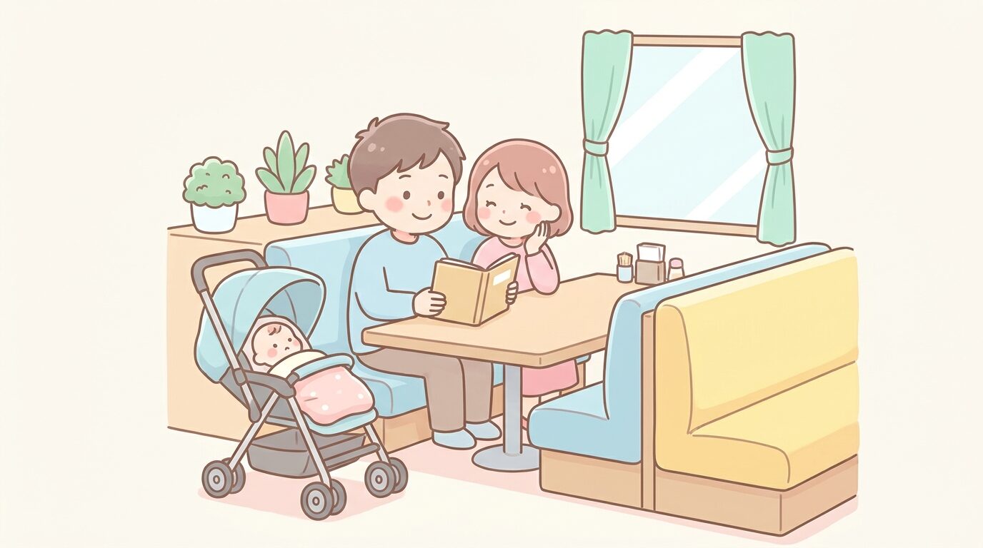 ファミレスの広々としたボックス席に置かれたベビーカーと、メニューを見ながら相談する夫婦