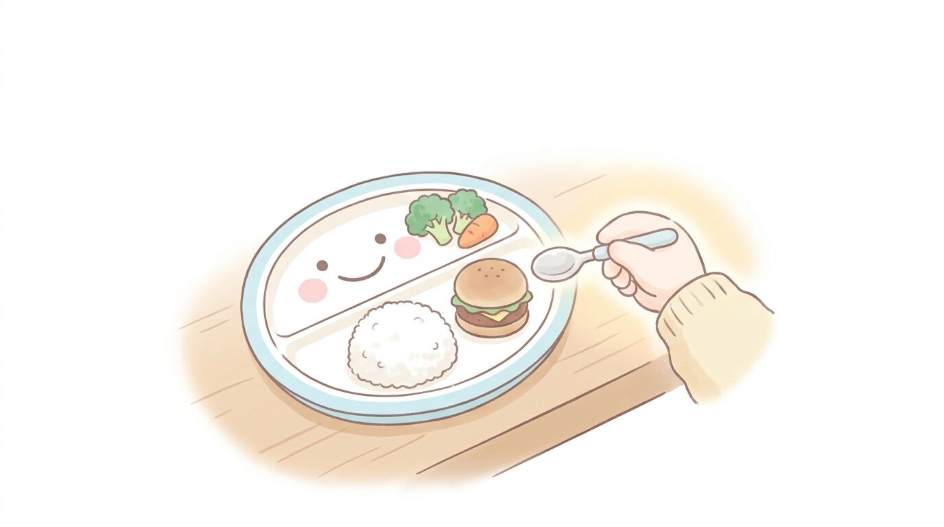 テーブルに並んだファミレスのキッズプレートと、スプーンで子どもに食事をあげる母親の手元