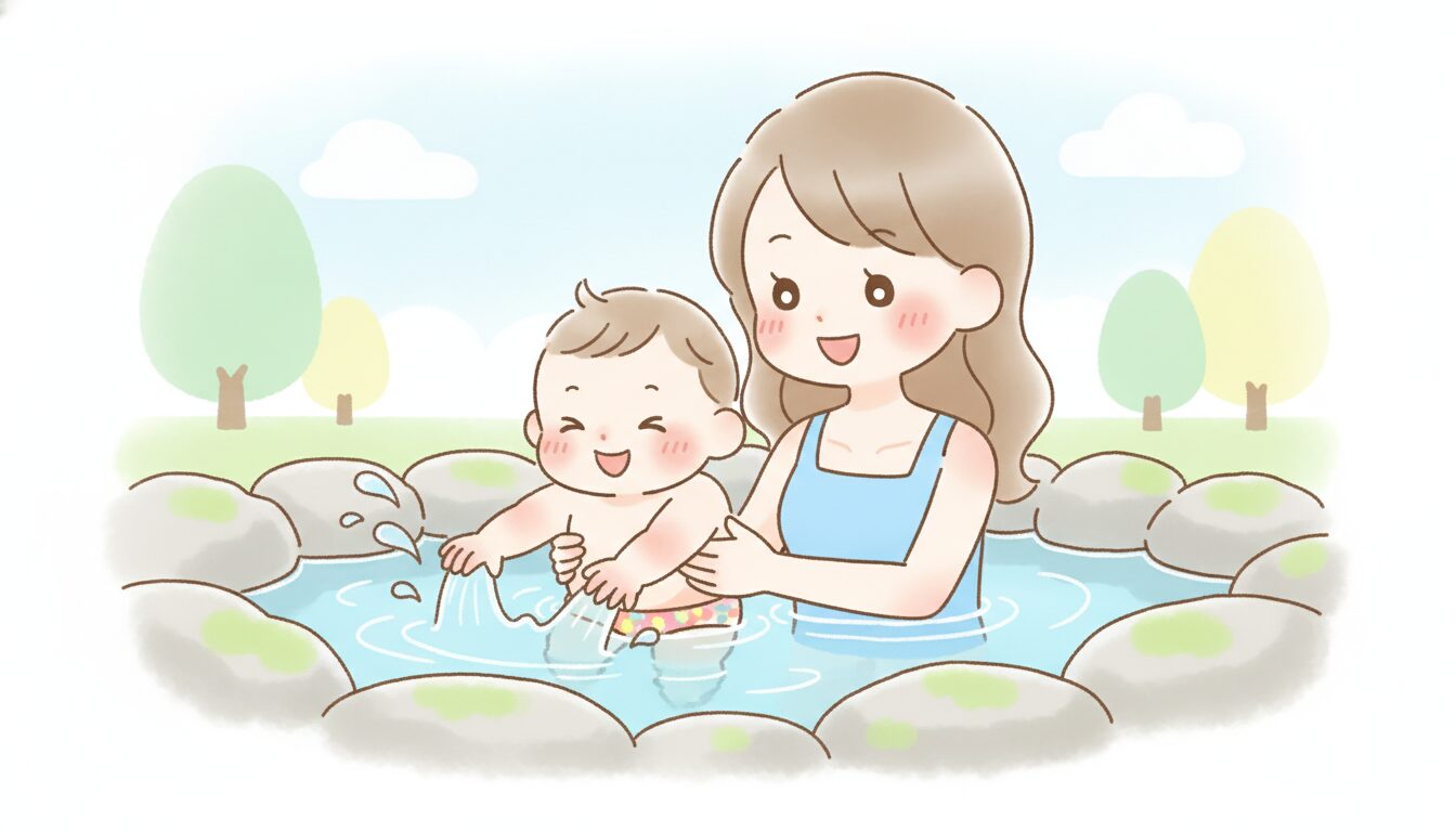 露天風呂の縁につかまって笑顔ではしゃぐ1歳くらいの赤ちゃんとやさしく支える母親、明るい日中の温浴施設