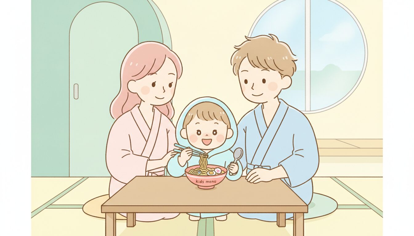 湯上がりに休憩スペースでキッズメニューのラーメンを笑顔で食べる2〜3歳の子どもと見守る両親、温かい雰囲気の食事処
