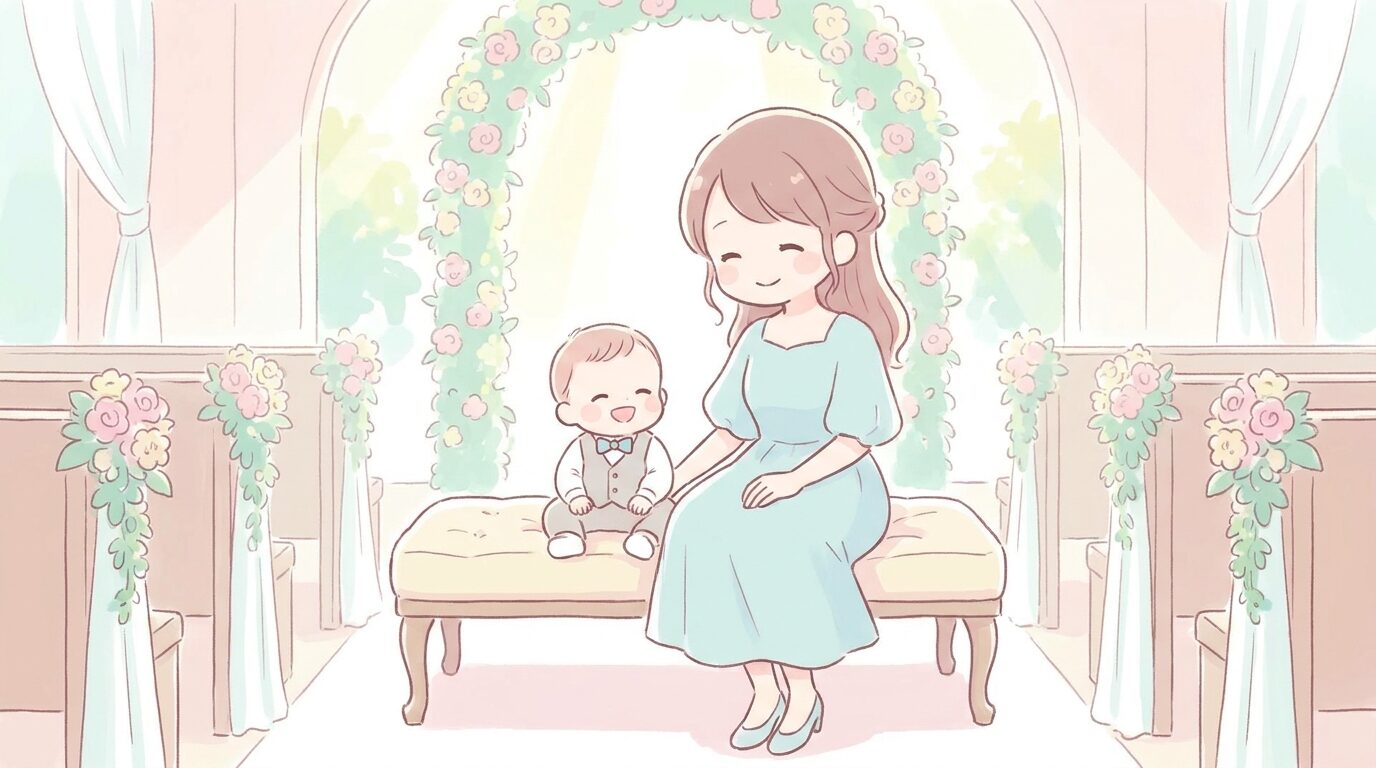 フォーマルな服装で結婚式会場にいる母親と笑顔の赤ちゃんの温かい雰囲気の写真