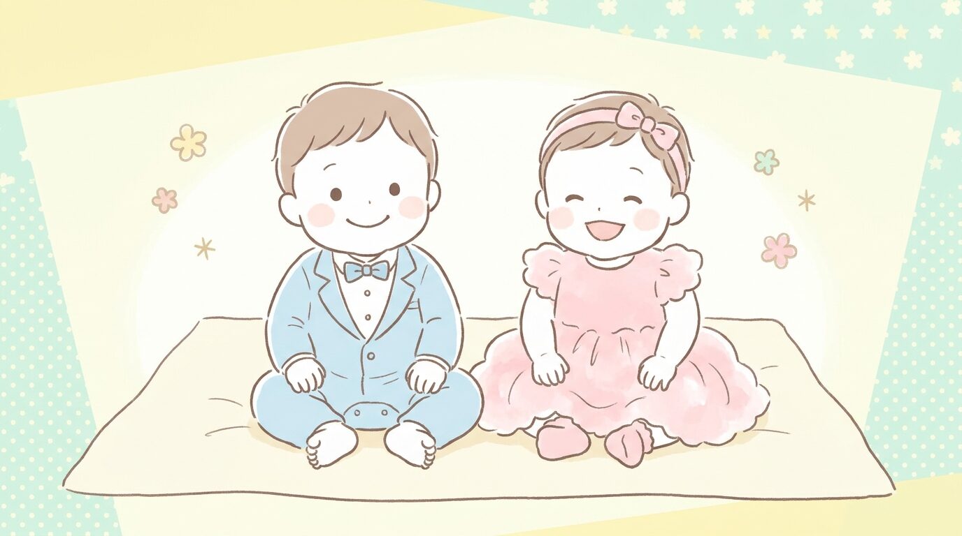 タキシード風ロンパースを着た男の子とドレスを着た女の子の赤ちゃんが並んでいる可愛らしい写真